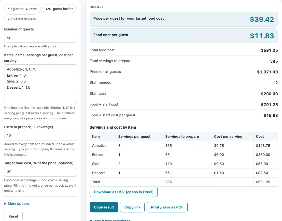 Catering calculator example