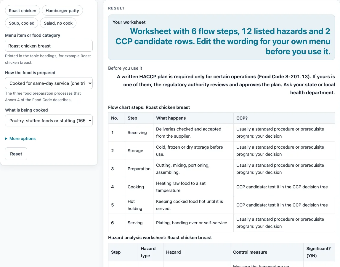 Haccp plan for restaurant example