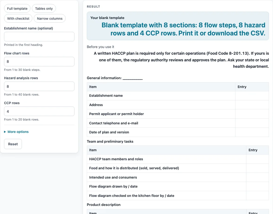 Haccp plan template example