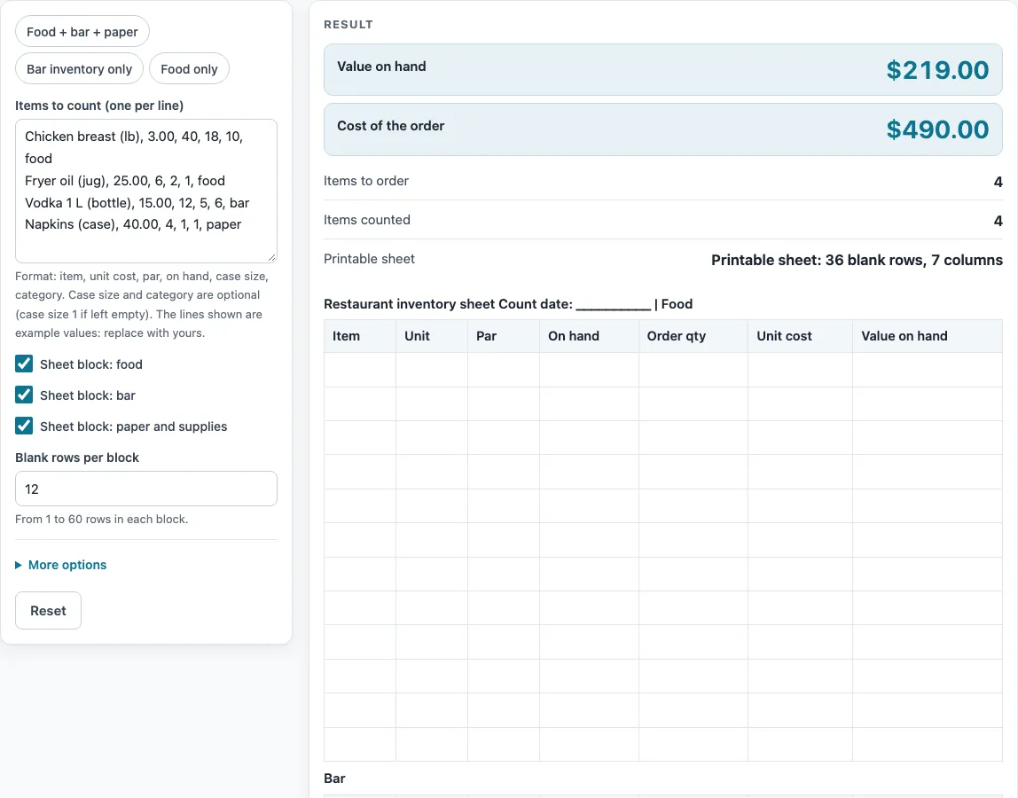Restaurant inventory template example