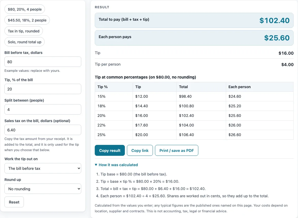Restaurant tip calculator example