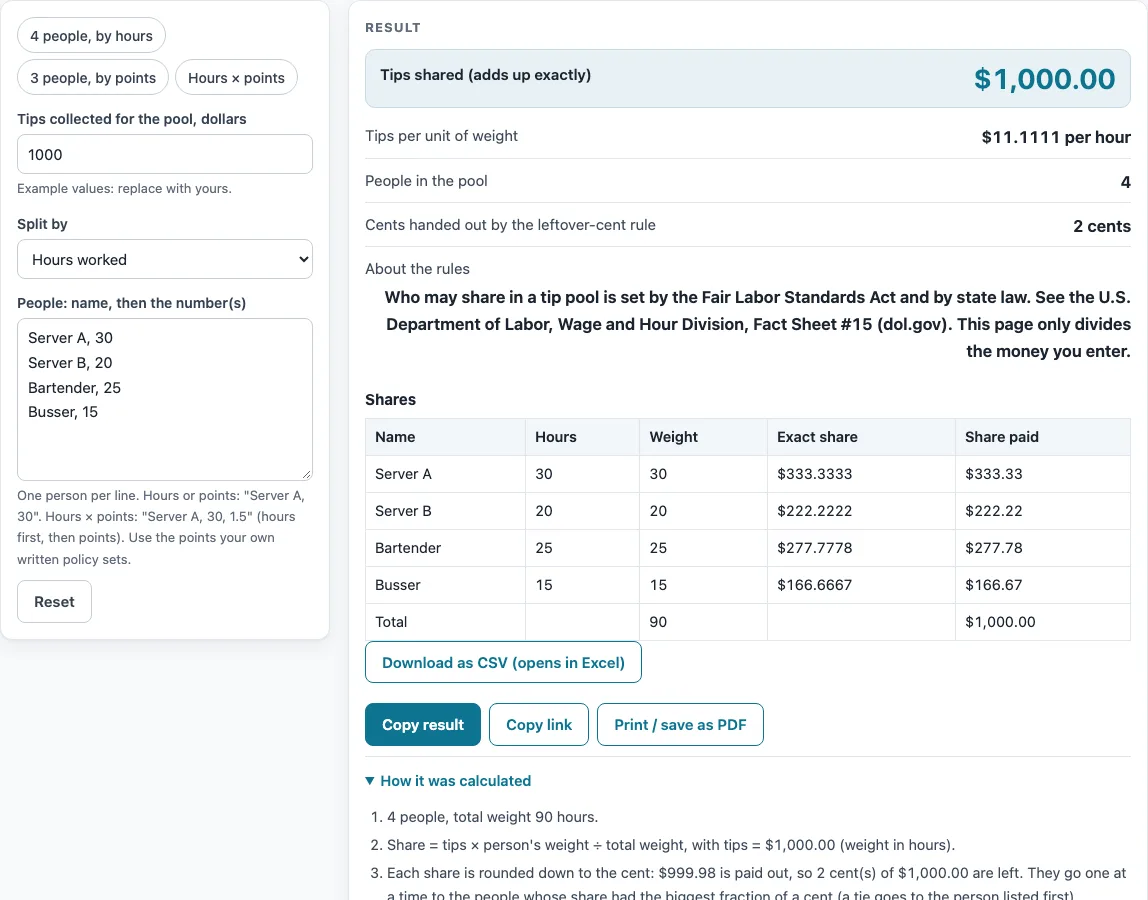 Tip pool calculator example